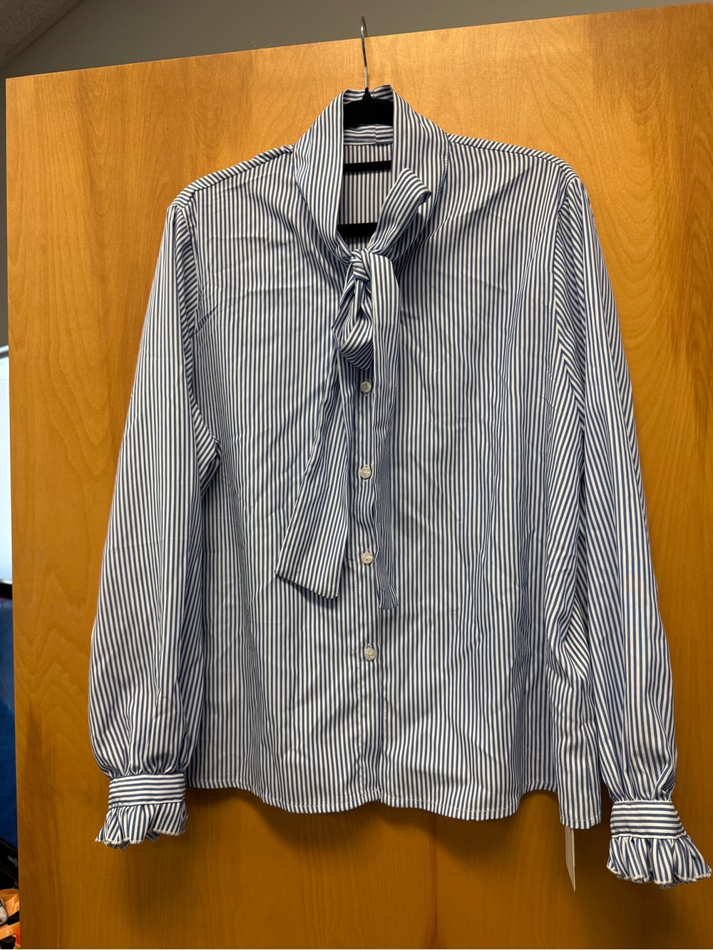 Striped Tie-Neck Button Down Blouse in Blue and White